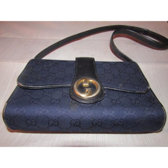 Gucci RARE BOHO Deep Blue 2-Way Clutch G Logo Print Canvas & Black Leather - Picture 2 of 12